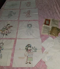 VTG Dolls Of Nations Started Embroidered  Quilt Blocks Lot Of 21 (2 Completed)