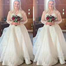 Elegant Wedding Dresses Lace up Long Sleeves Tulle British Lace Bridal Gowns