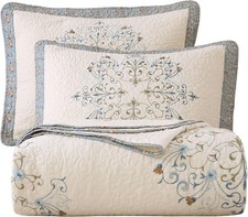 vctops Boho Floral Embroidered Quilted Bedspread Quilt Set 3-Piece Oversize Quee