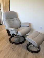 Ekornes Stressless Large Sunrise Light Grey Leather Recliner Chair and Ottoman