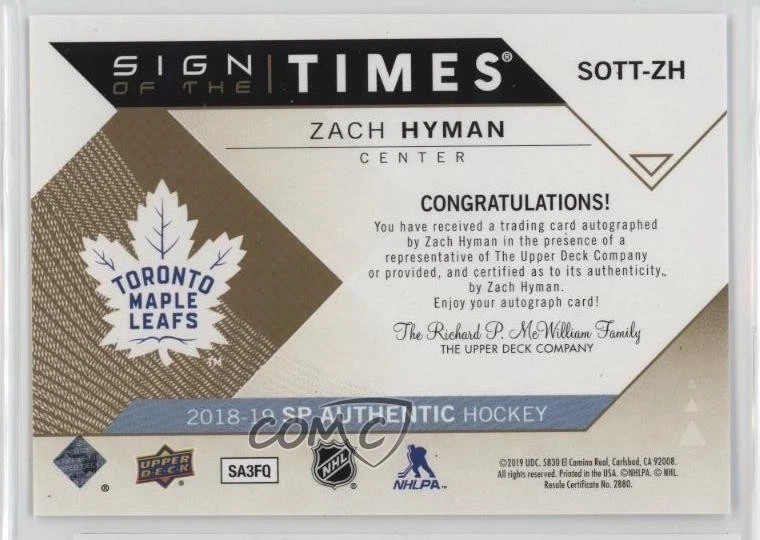 2018-19 SP Authentic Sign of the Times Zach Hyman #SOTT-ZH Auto - Image 2 of 2