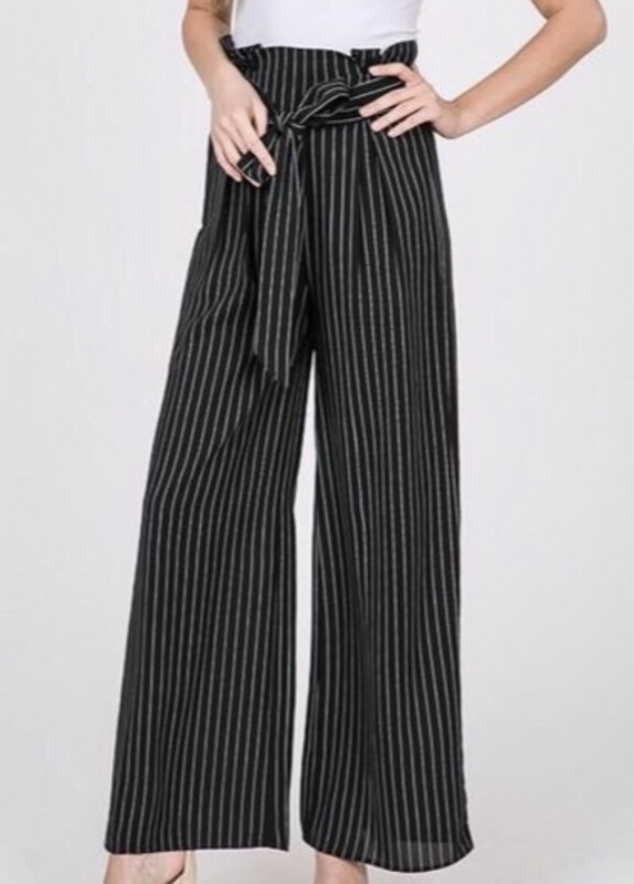 High Waist Wide Legged Black Striped Dress Pants Tie Belt Career Wear Large