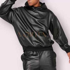 Men's Real Lambskin Leather Hoodie Soft Black Leather Hoodie Cargo Style coat