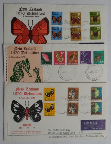 STAMPMART : NEW ZEALAND 1970 BUTTERFLIES MOTH & SEA FISH 3 FDC USED TO NM USA