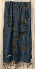 Cashmere Pashimina Blue Brown Circle Link Chain Pattern Knit Fringed Scarf Wrap