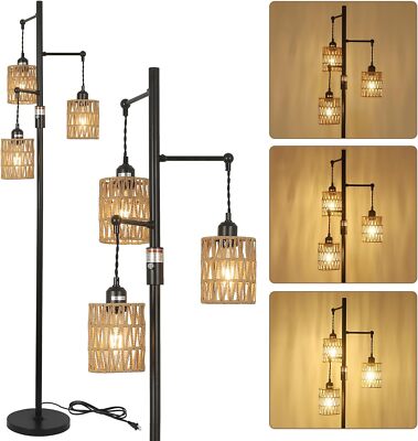 Rayofly Dimmbare Rattan Stehlampe, 3-flammige Boho Stehlampe mit stufenlosem Boden