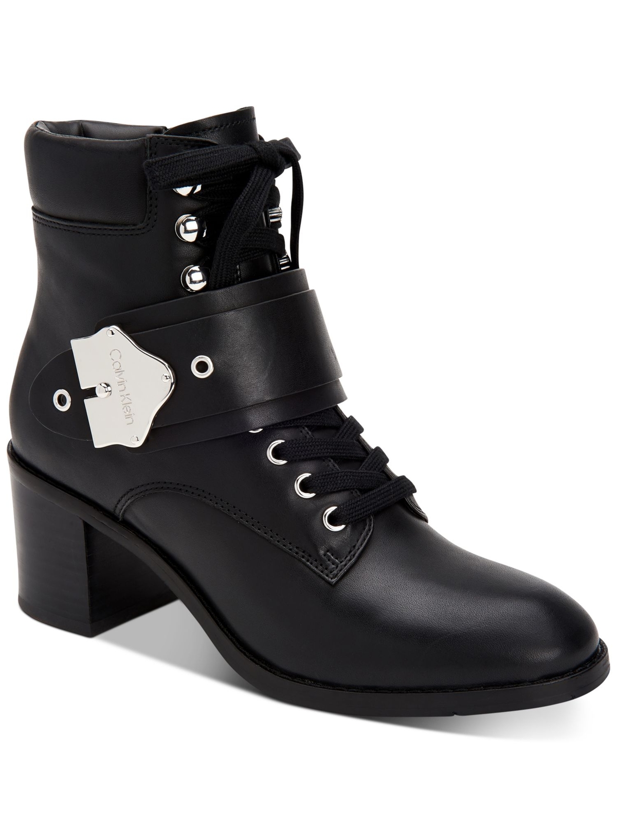 CALVIN KLEIN Womens Black Up Snap Pahi Toe Block Heel Leather Booties 9.5 M