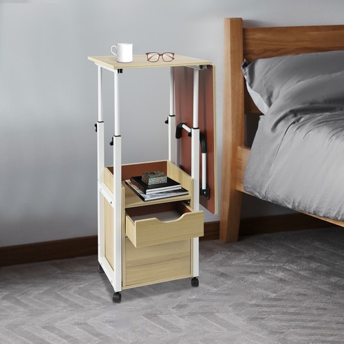 Bedside Table Rollers Height Adjustable Suitable Home Light Wood White - Picture 3 of 12