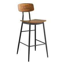Mid-Century Metal Barstool Chairs with Vintage Solid Wood Seat and Backrest