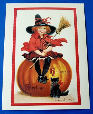 Postcard Halloween Young Witch on Pumpkin with Black Kitten 2001 Repro Brundage