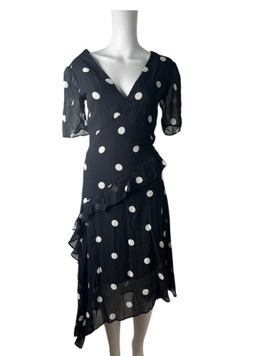 H&M Fit & Flare Dress Size 6 XS Black Polka Dot Layered Zip V-Neck Womens EU32 - Picture 5 of 8