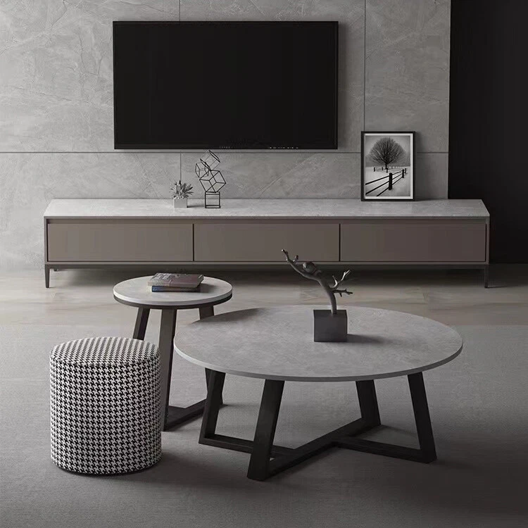 Set of 2 Modern Nesting Coffee Table Round Accent Cafe Table Grey Sintered Stone - Image 2 of 4