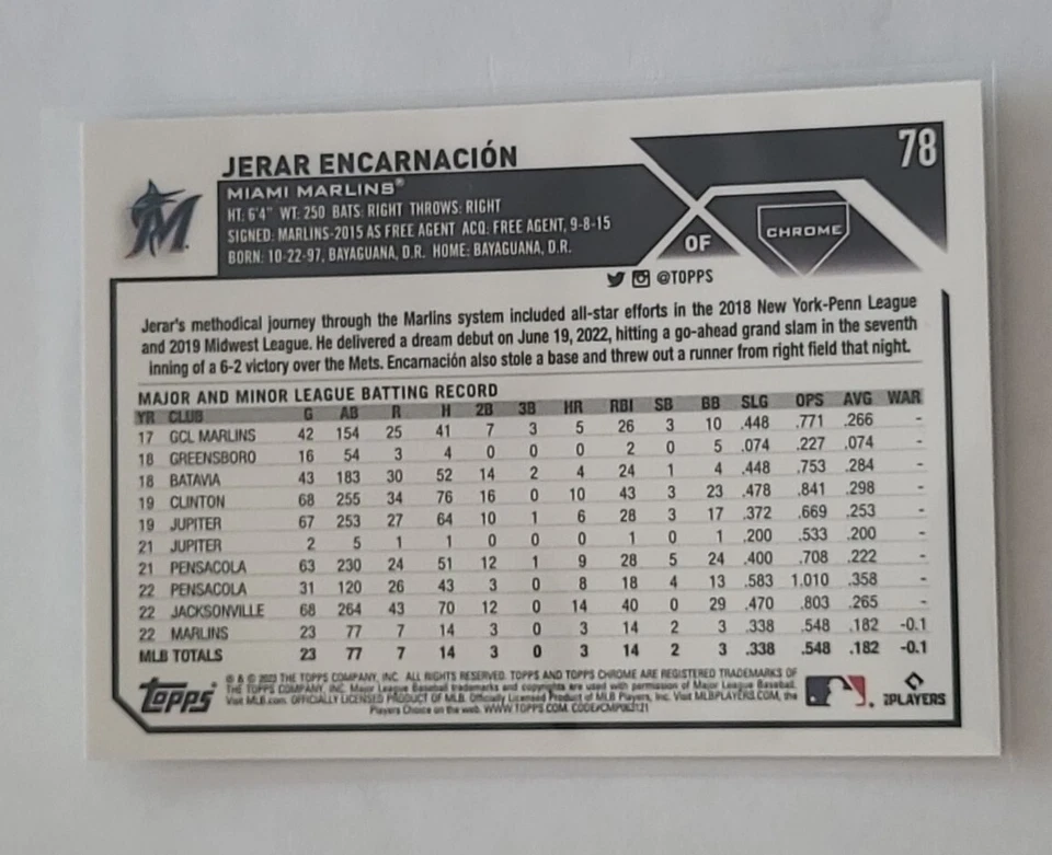 2023 Topps Chrome Jerar Encarnacion RC card #78 Marlins - Image 2 of 2