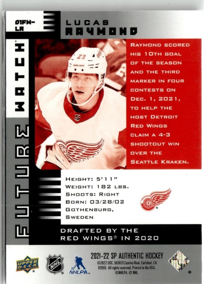 2021-22 SP Authentic FW retro Lucas Raymond Rookie /900 #01FW-LR H7R2J - Image 2 of 2