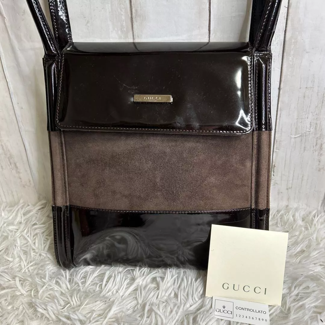 Sac bandoulière GUCCI daim émaillé sac fourre tout marron logo sac femme collection authentique