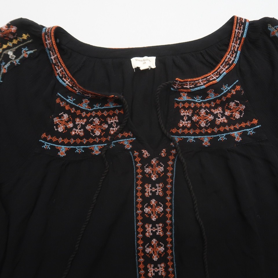 World Market Boho Peasant Blouse Size Large / XL Black Embroidered Top