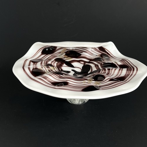 Vintage Kunst Glas gefaltet gefasst braun lila gold Aventurin Sockel Schale