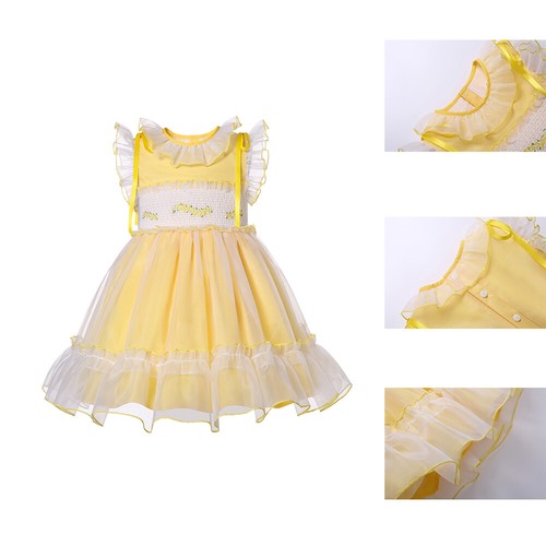 Girls Yellow Smocked Tulle Dress Size 2 3 4 5 6 8 10 12 Years Party Festival
