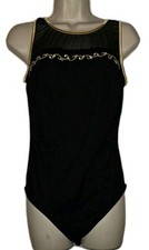 Vtg Swimsuit One piece Black W/Gold Embroidered Scroll trim Sheer mesh Size M