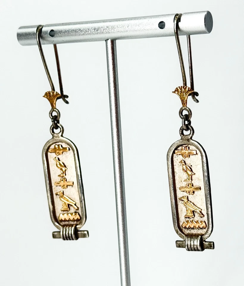 Egyptian Revival Cartouche Hieroglyphic Drop Earrings Gold Silver Tone - Image 1 of 4