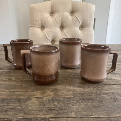 4 Vtg Frankoma Pottery C5 Coffee/Tea Cups Mugs Plainsman Brown Glaze Mid Mod 50s