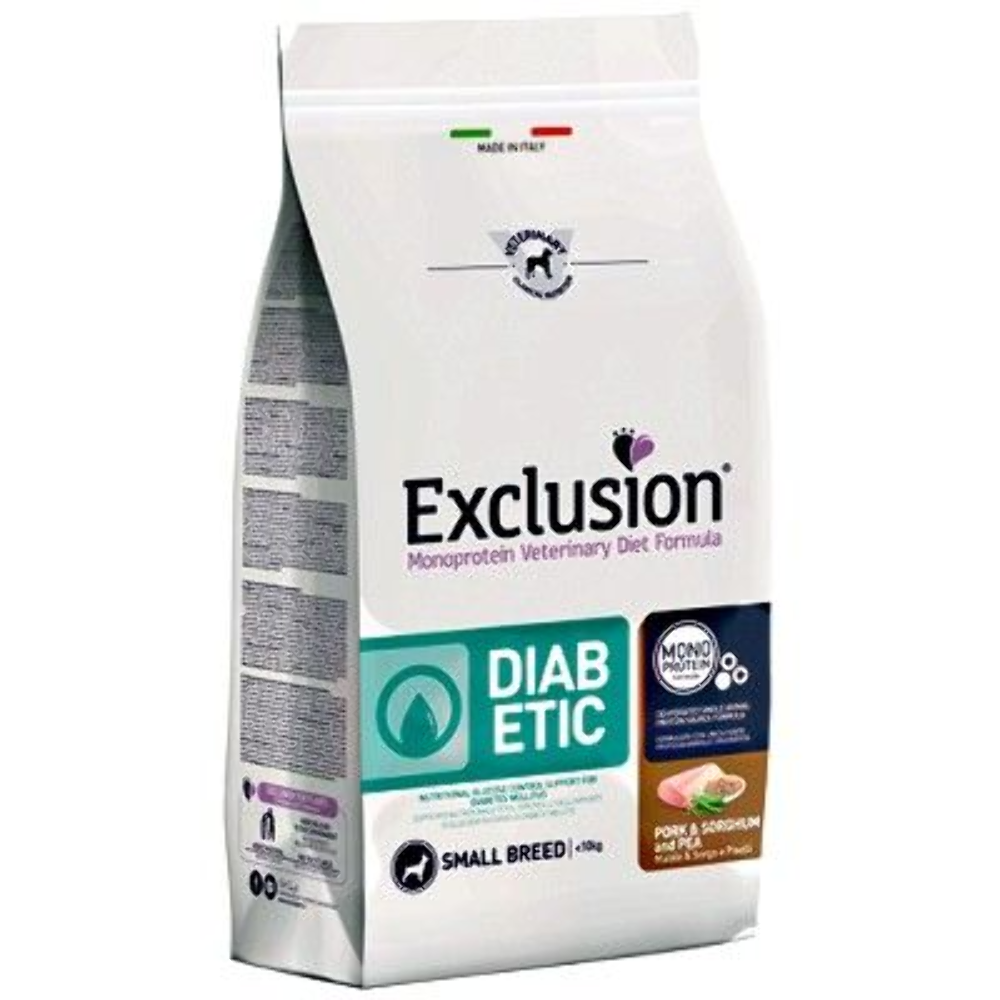 EXCLUSION DIABETIC SMALL BREEDS ADULT CON MAIALE SORGO E PISELLI 2 KG.
