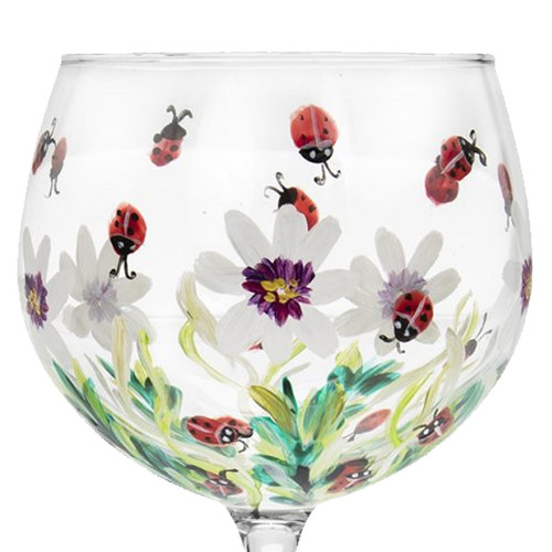 Balloon Gin Glass with Hand Painted Floral and Ladybirds Design Gift Boxed - Zdjęcie 2 z 4