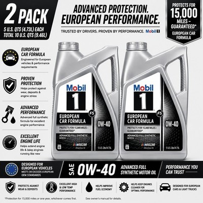 2 Pack Mobil 1 FS European Car Formula Full Synthetic 0W-40 Motor Oil 5 Quart