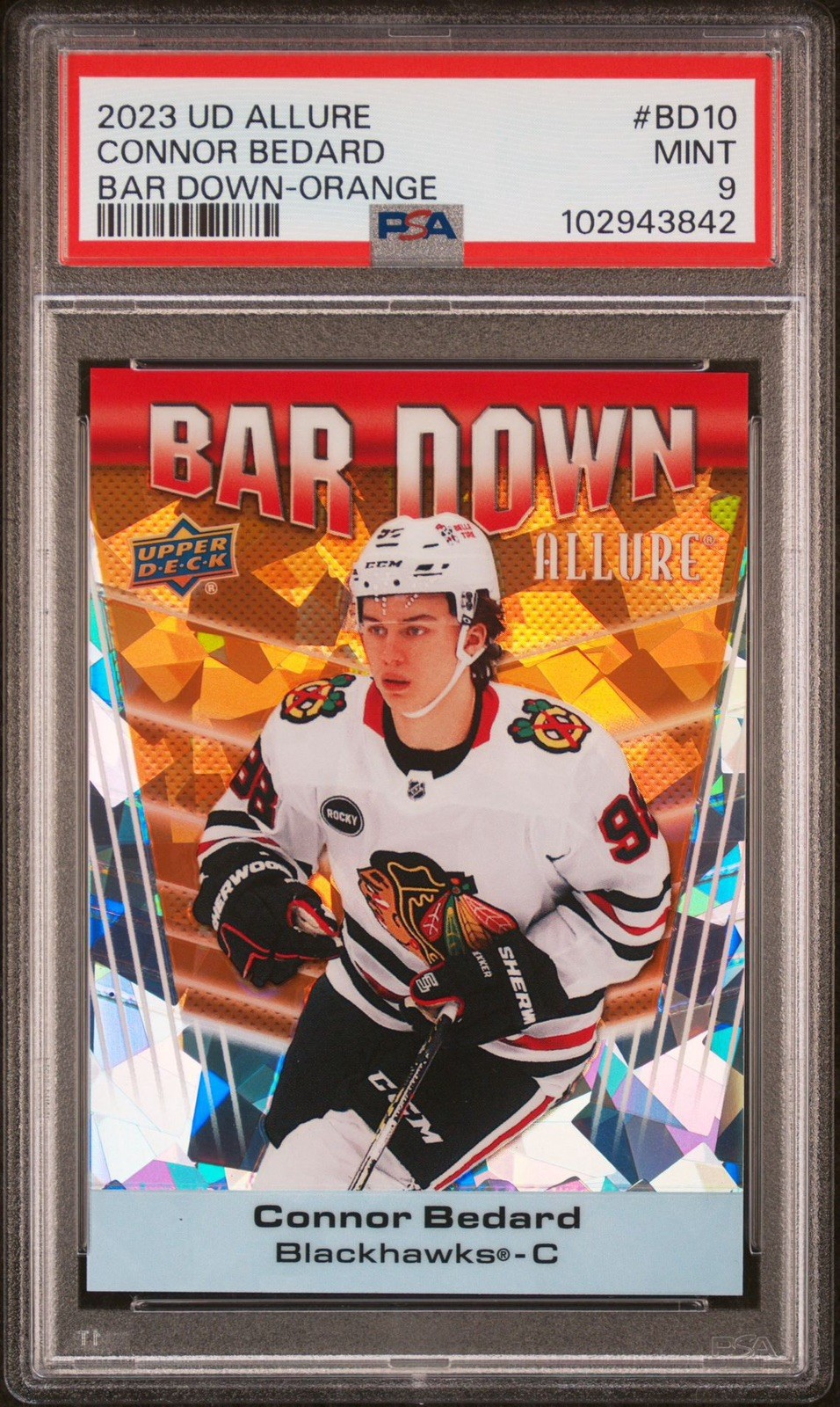 2023 UD ALLURE BAR DOWN ORANGE #BD10 CONNOR BEDARD 40/399 PSA 9