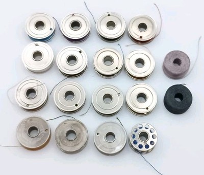 Lot of 16 Mixed Vintage Sewing Machine Bobbins Metal Most with Thread