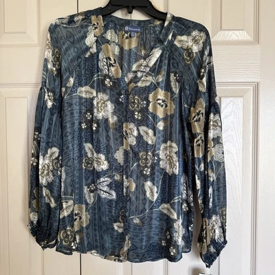 Democracy Silky Sheer Pattern Blouse Women’s Sz Sm Long Sleeve Flowy Peasant-NWT - Image 1 of 4