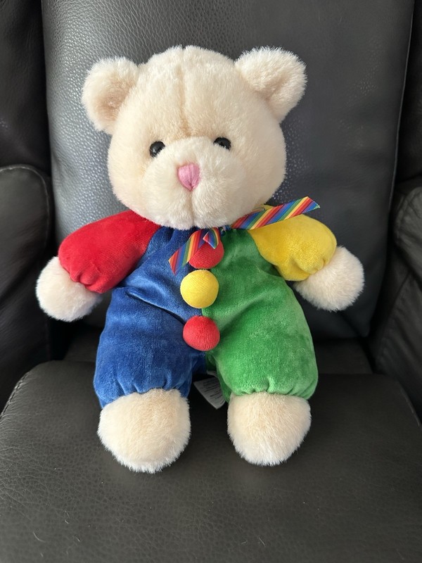 Vintage 1998 90’s BABY GANZ Color Block Plush Clown Teddy Bear Rattle  10”