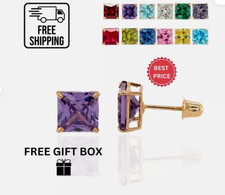 14K Solid Yellow Gold Square Princess Cut CZ Birthstone Stud Earrings All Size