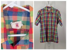 Vintage 60s 70s Gingham Multicolor Colorblock Plaid Shirt 46" Florida USA Large