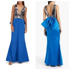 Sachin Babi Topanga Blue Silver Sequin Bodice Gown with Back Bow Size 6