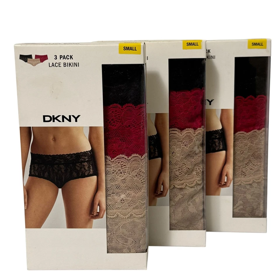 NUEVO DKNY Mujer 9 Pares Bragas de Bikini-3 Cajas-Underslimmers Encaje Rojo Negro Pequeño Foto 2 de 4