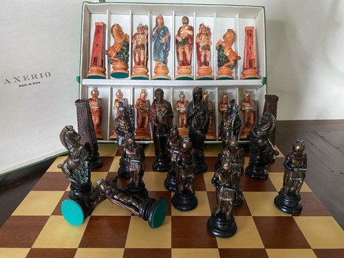 Scacchi Axerio Guerrieri Romani Dipinti a mano Scacchiera In Legno Didatto 40x40 - Foto 18 di 22