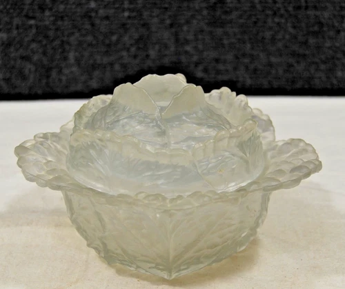 Classic Vintage Portieux Vallerysthal Frosted Glass Lidded Cabbage Bowl 7” X  4”