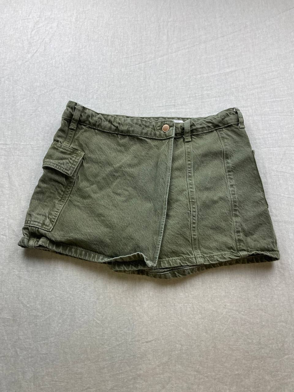 Zara Mini Skort Skirt Womens Size Medium Green Denim Wrap Cargo Pockets Y2K
