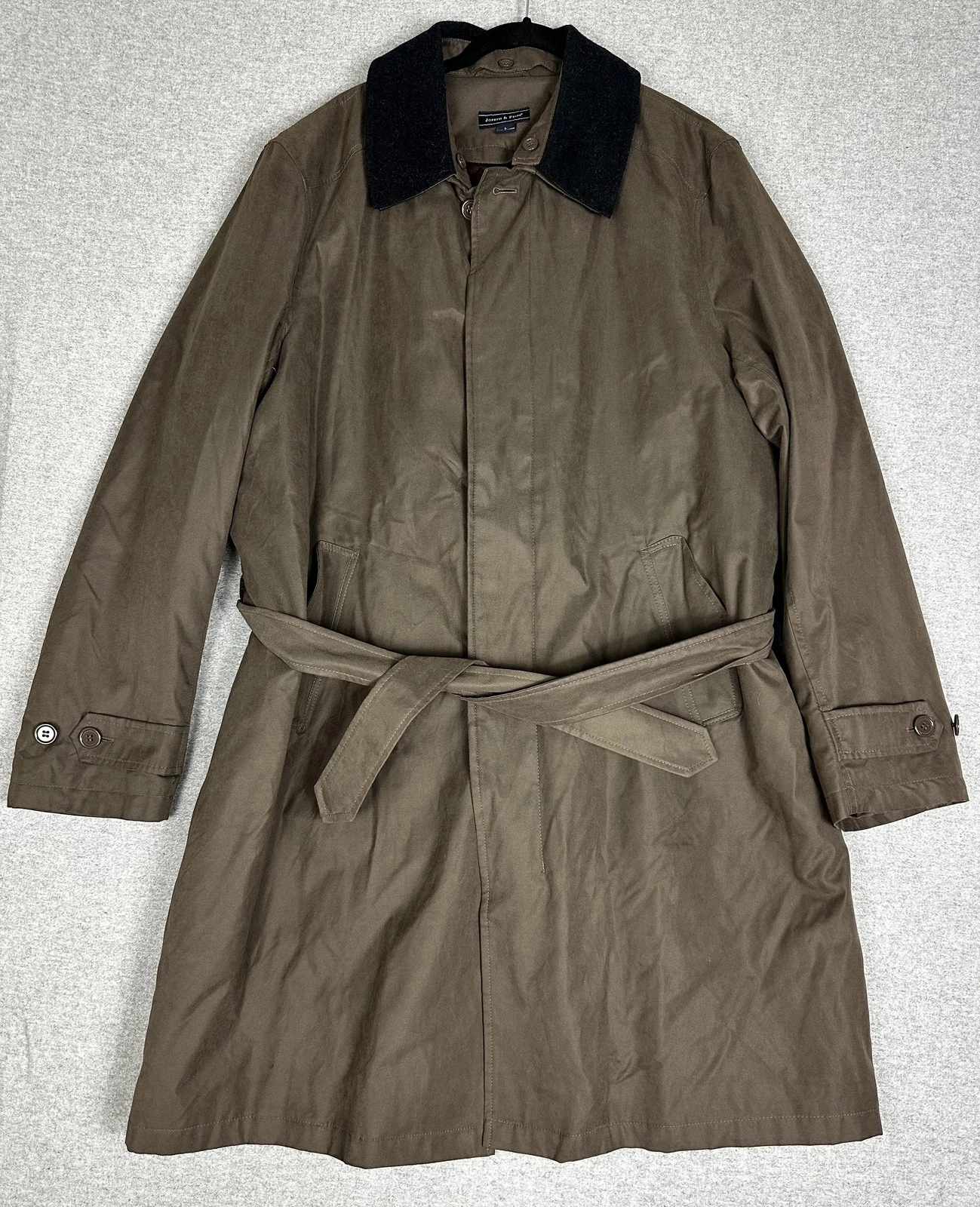 Joseph & Feiss Coat Mens Large Brown Belted Trench Overcoat Quilted Lined Long