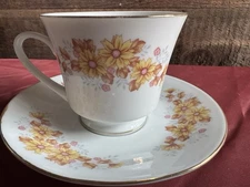Crown Straffordshire Tea cup & Saucer  with Yellow & Brown Flowers  Gold Trim