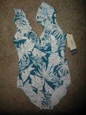 Profile by Gottex Teal Malaya 1 PC Ruffle Deep Plunge V Neck Swimsuit Sz 16 NWT