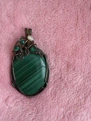 Artisan Large Green Malachite Necklace Pendant wrapped in Sterling Silver Wire.