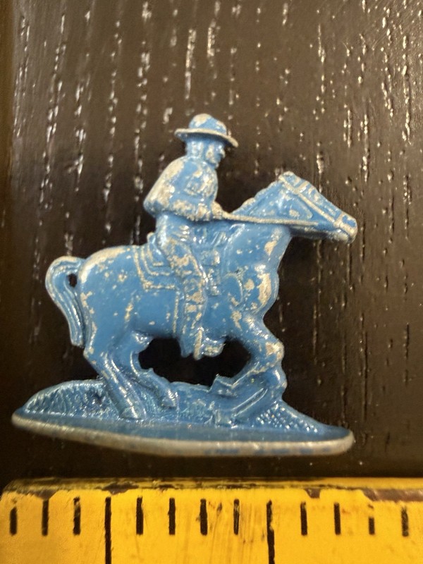 Cracker Jack Prize Metal Stand Up Blue Cavalry Horse Soldier Figure Old Vintage