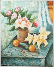 Stunning Impressionist Oil Painting of Floral Still Life Against Blue, Fine 2/2