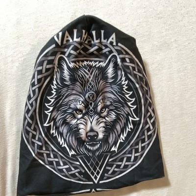 Wolf Graphic Viking Beanie Hat Black Gray White One Size Lightweight Stretch