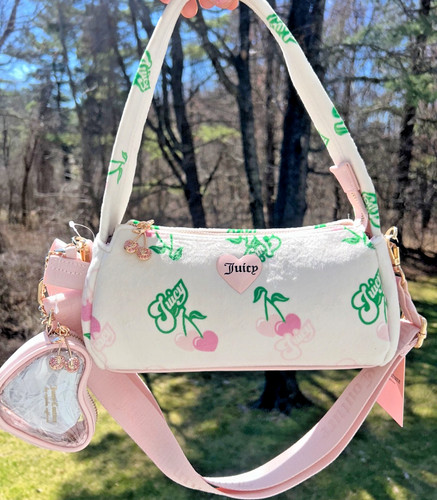 NEW! NWT JUICY COUTURE Velour Retro Cherry Juicy Shoulder Bag Cream/Pink Multi
