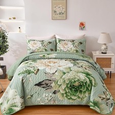 Floral Quilt Set Queen, Sage Green 3 Pieces Elegant Flower Bedspread Coverlet...