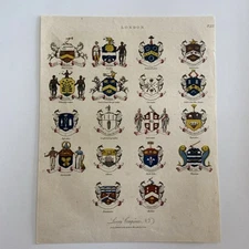 Antique Hand-Colored Engraving  London Livery Companies Heraldic Coat of Arms