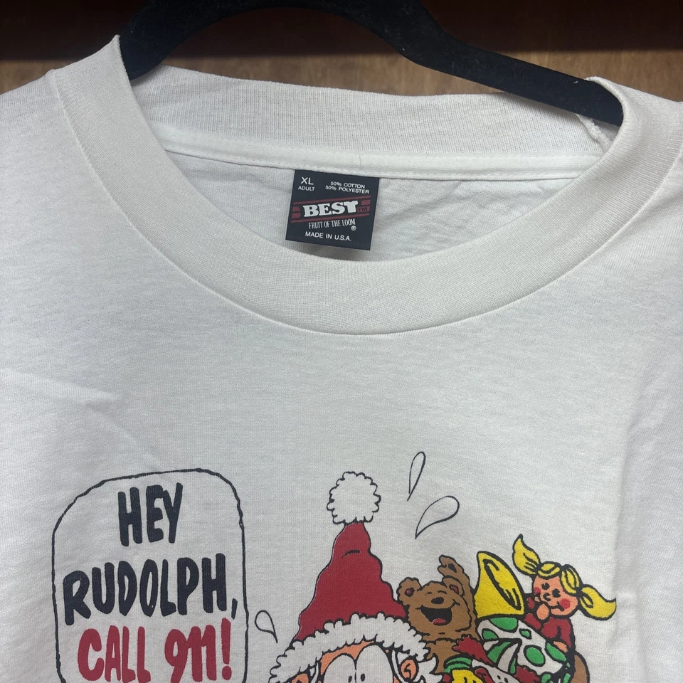 New Santa Claus T Shirt Mens XL Humor Rudolph Call 911 Christmas Vintage - Image 2 of 4
